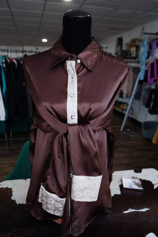 3XL - Cream Jacquard Cheetah on Brown Satin Button Down