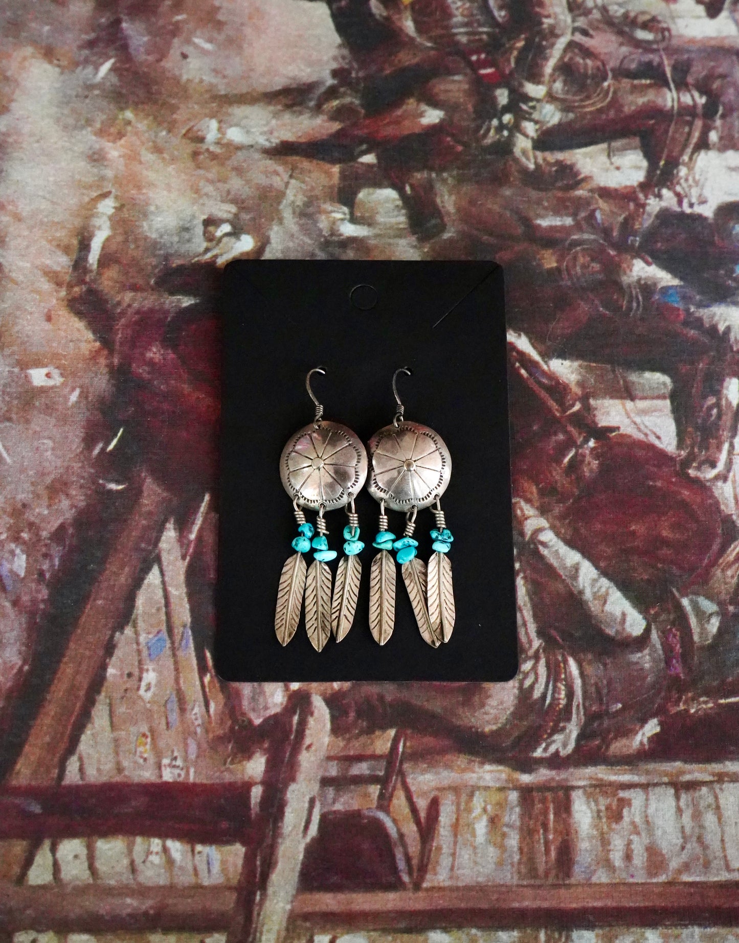 Vintage Concho w/ Turquoise & Feather Dangles Fishhook Earrings