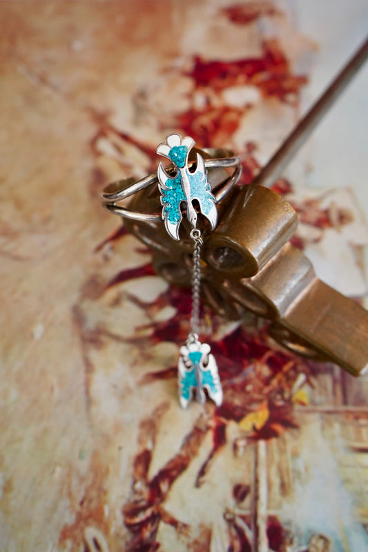 Vintage Crushed Turquoise Inlay Peyote Bird Lariat - Sz 5