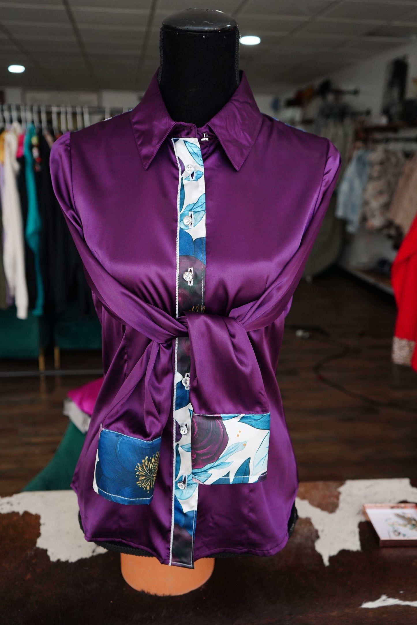 M - Purple & Teal Floral on Purple Satin Button Down
