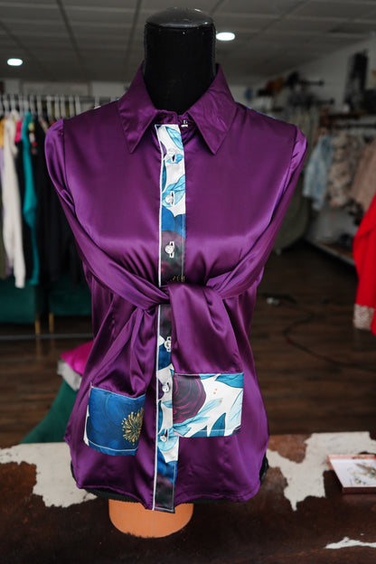 M - Purple & Teal Floral on Purple Satin Button Down