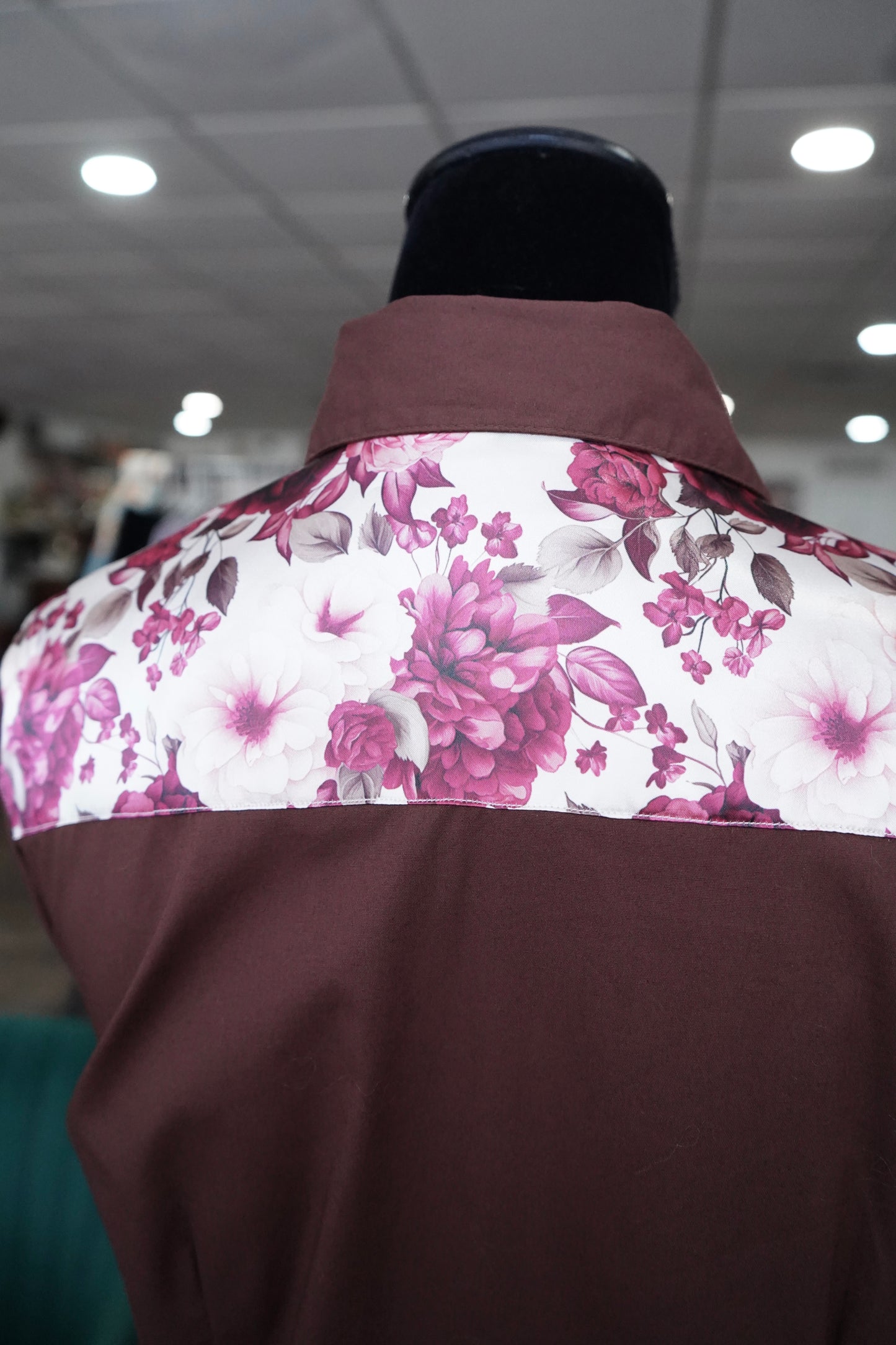XL - Burgundy & Cream Floral on Brown Cotton Button Down
