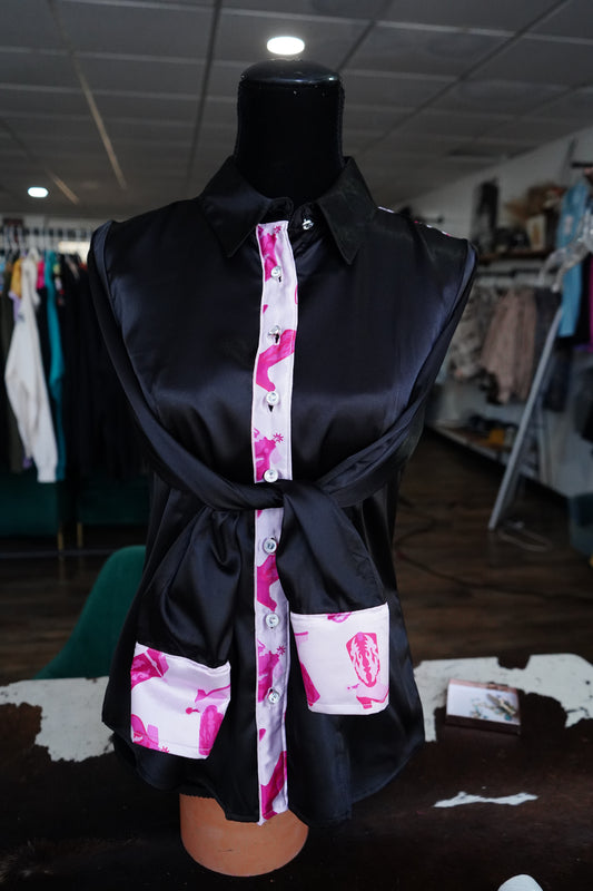L - Pink Boot Goofin on Black Satin Button Down