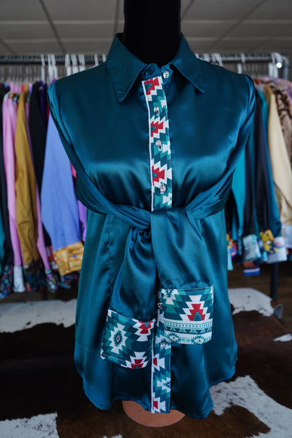 L - Teal Montana Aztec on Teal Satin Button Down
