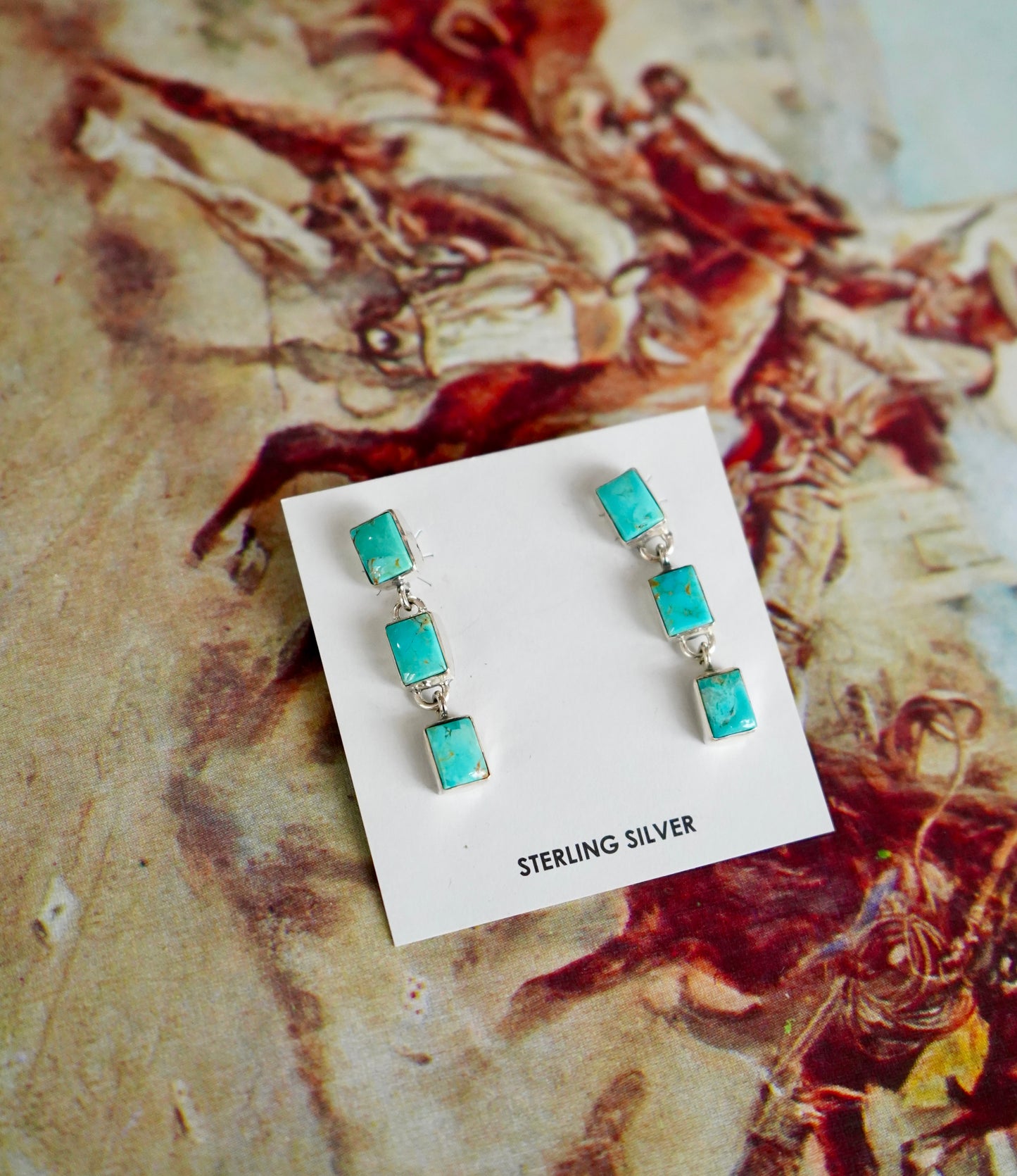 Turquoise 3 Stone Dangly Square Stud Earrings
