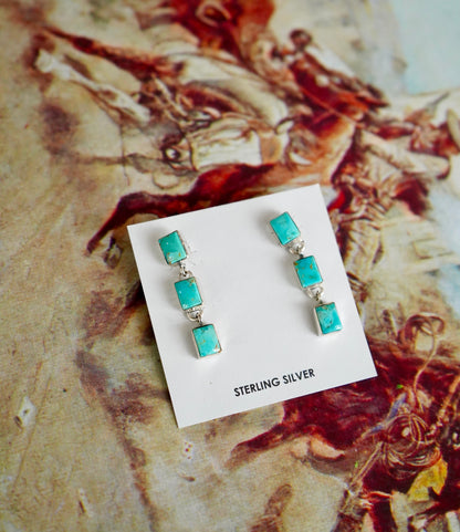 Turquoise 3 Stone Dangly Square Stud Earrings