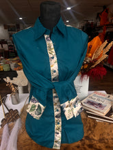 Load image into Gallery viewer, L- Deep Teal Button Down with Butterflies and Leaves