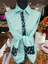 Load image into Gallery viewer, XL- Turquoise Cotton Button Down with Neon Turquoise Lightning Bolts