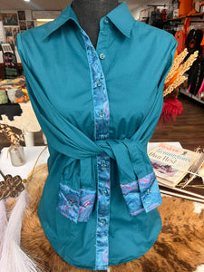 XL- Deep Teal Cotton Button Down with Blue Meredith Paisley