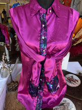 Load image into Gallery viewer, L- Purple Skulls and Roses on Magenta Satin Button Down