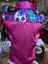 Load image into Gallery viewer, L- Purple Skulls and Roses on Magenta Satin Button Down