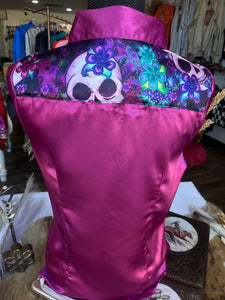 L- Purple Skulls and Roses on Magenta Satin Button Down