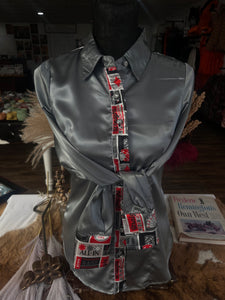 S - Red All In on Grey Satin Button Down