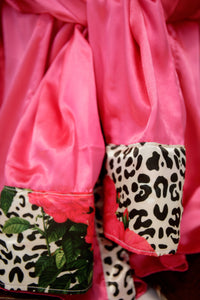2XL - Pink Roses & Snow Leopard on Black Satin Button Down
