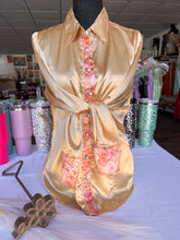 Load image into Gallery viewer, L - Peachy Hibiscus Flowers on Gold Satin Button Down