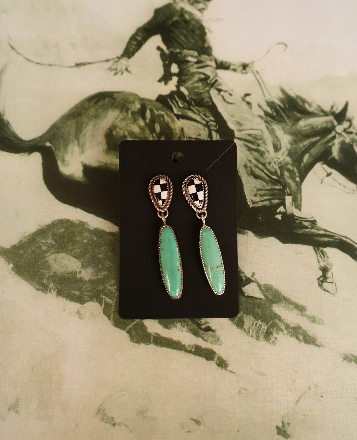 Checkered w/ Turquoise Dangles Stud Earrings