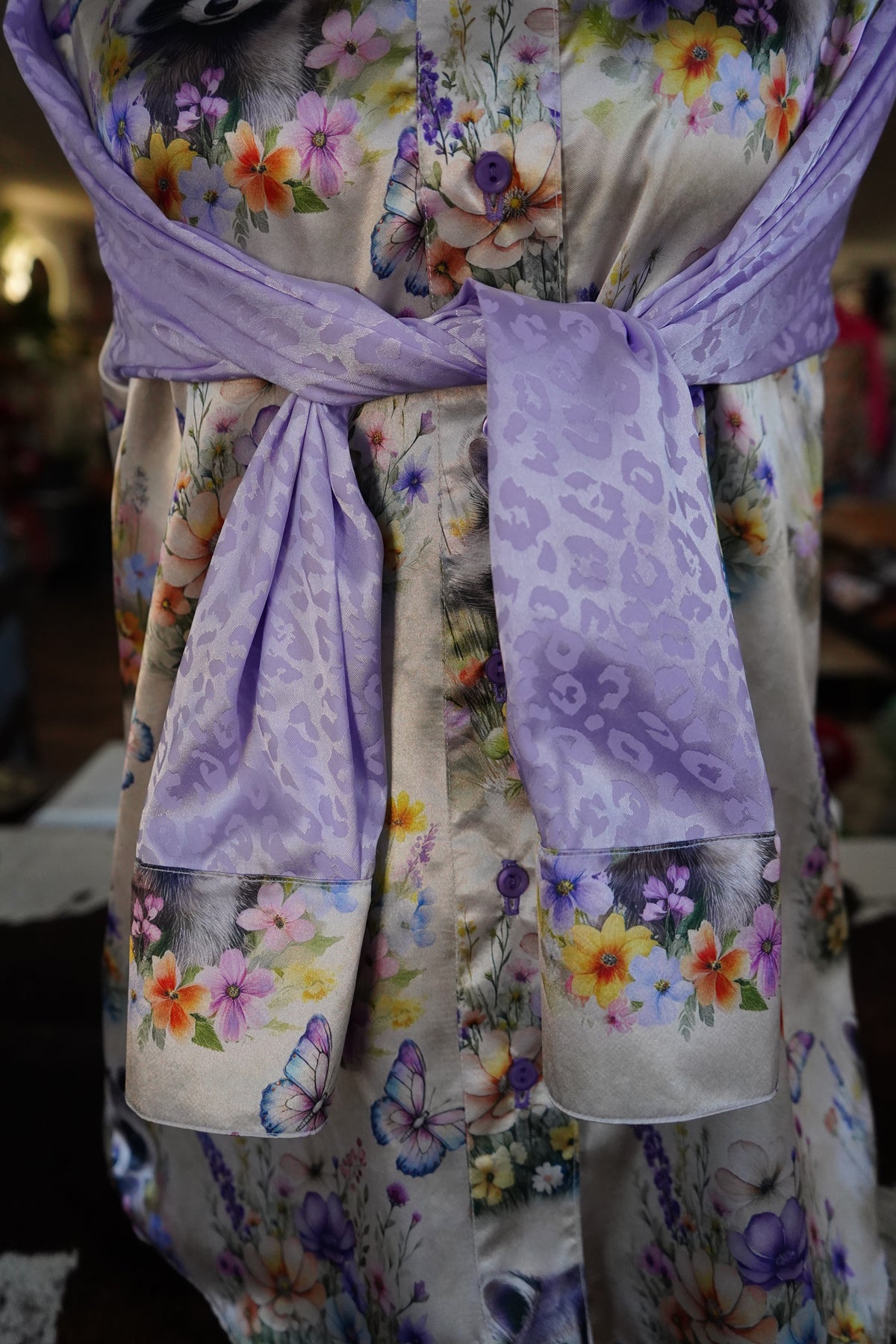 Daisy Original Floral Raccoon w/ Lavender Leopard Button Down - Size 10