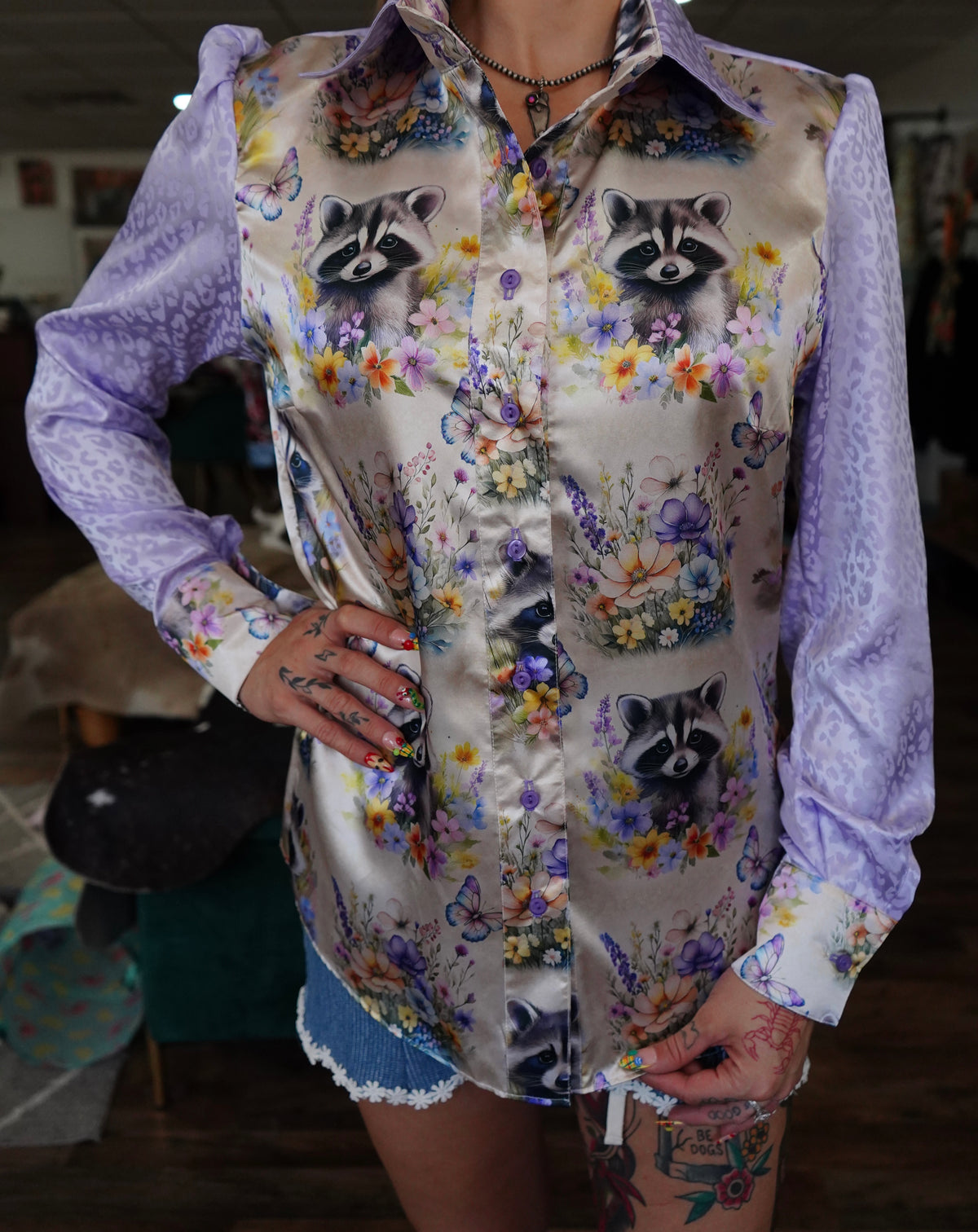 Daisy Original Floral Raccoon w/ Lavender Leopard Button Down - Size 10