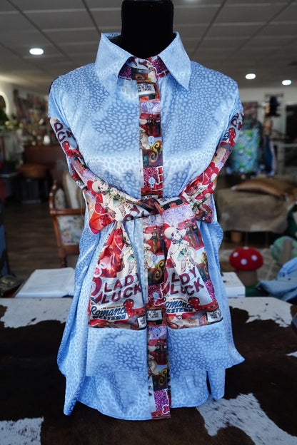 Daisy Original Baby Blue Cheetah w/ Cowboy Live Button Down - Size 22