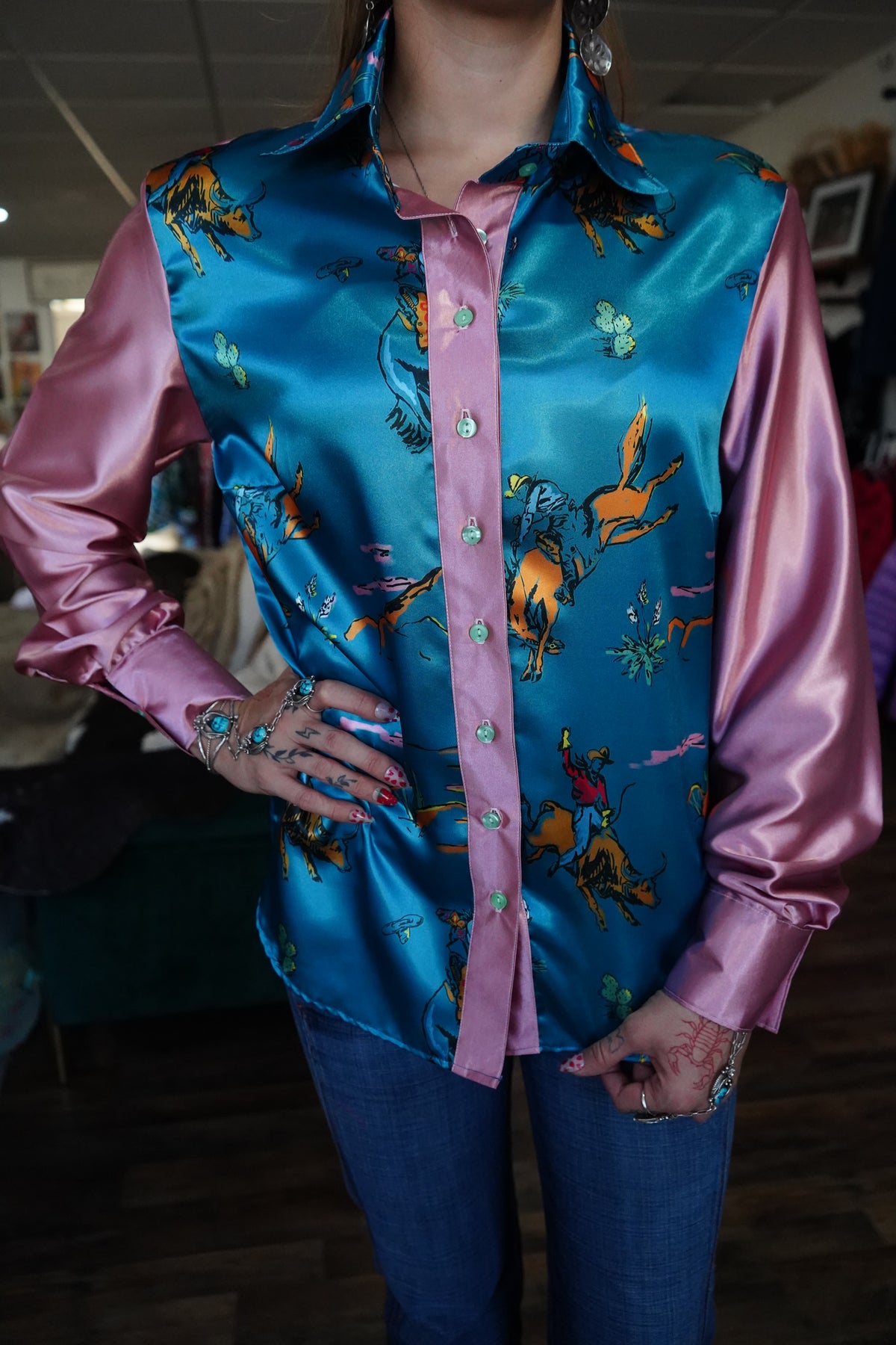Daisy Original Deep Teal Buckers w/ Mauve Button Down - Size 18