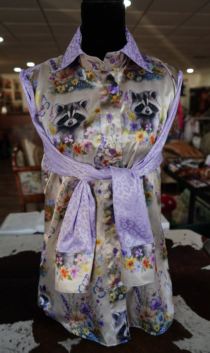 Daisy Original Floral Raccoon w/ Lavender Leopard Button Down - Size 10