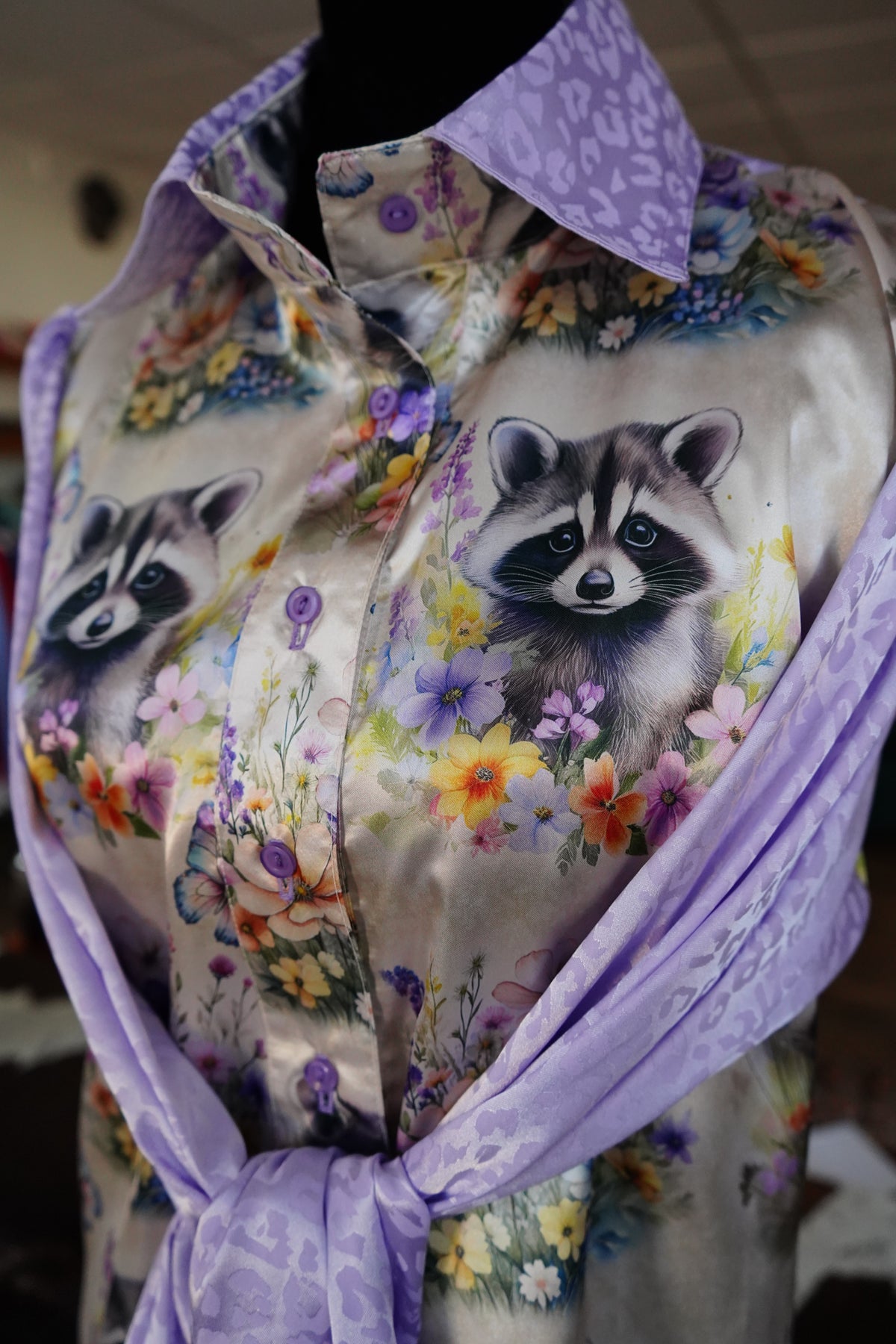 Daisy Original Floral Raccoon w/ Lavender Leopard Button Down - Size 10