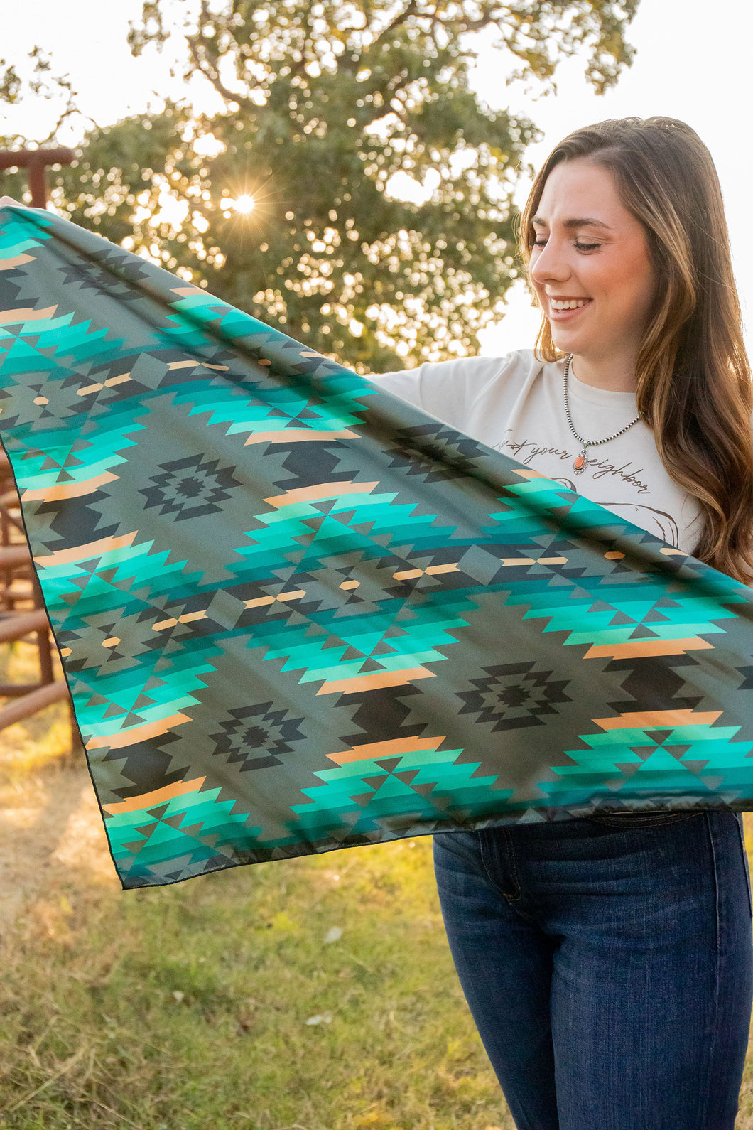 Charcoal Gray with Turquoise, Black, and Cream Large Aztec Wild Rag