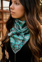 Load image into Gallery viewer, Dark Gray with Silver and Turquoise Paisley Wild Rag