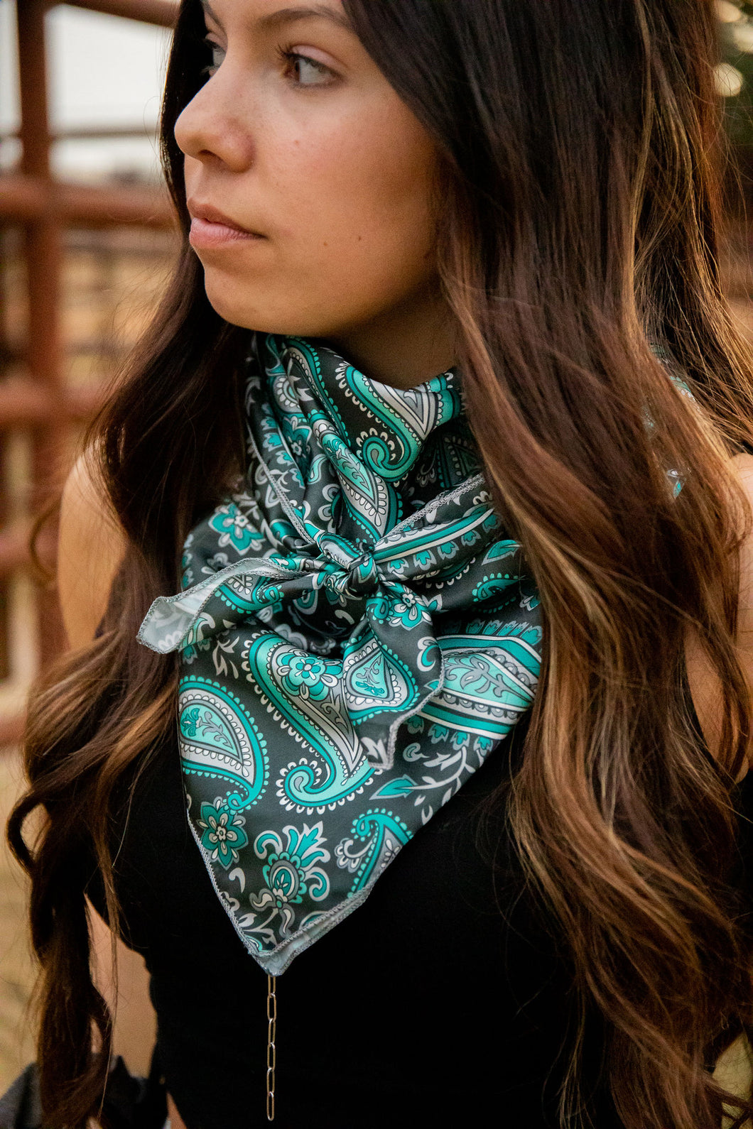 Dark Gray with Silver and Turquoise Paisley Wild Rag
