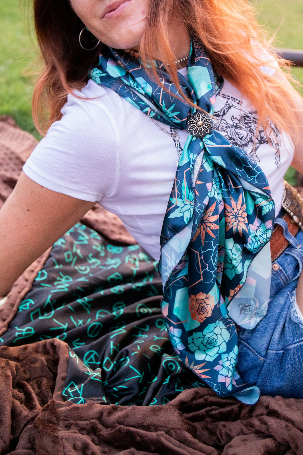 Navy with Turquoise and Copper Succulents/Geometric Wild Rag
